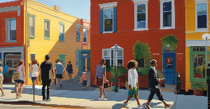 A calm urban neighborhood during sunset with new buildings and greenery, featuring diverse people enjoying the area.