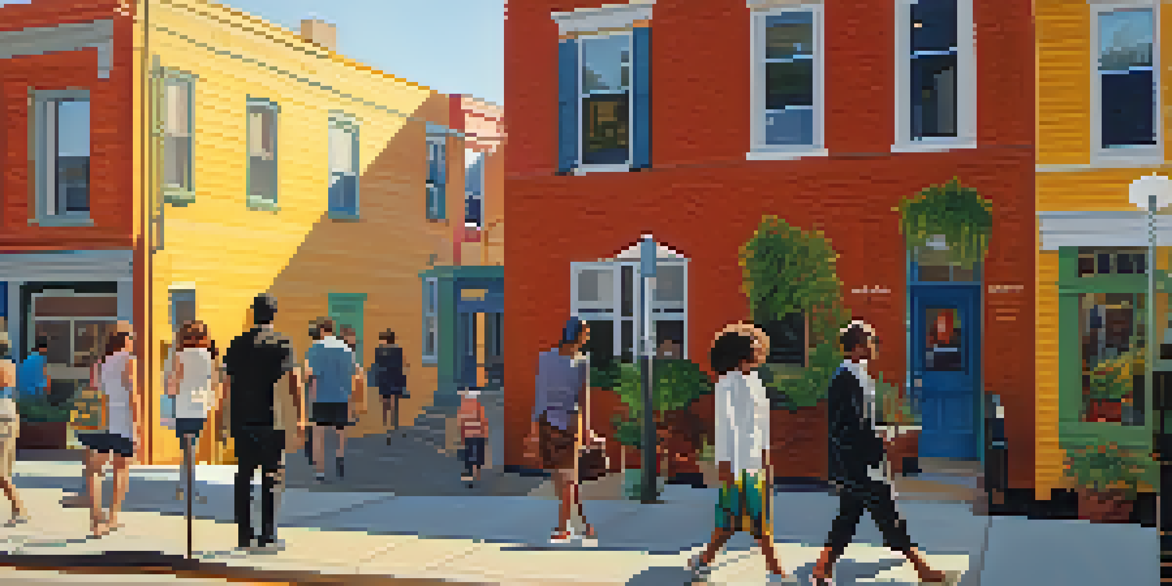 A calm urban neighborhood during sunset with new buildings and greenery, featuring diverse people enjoying the area.
