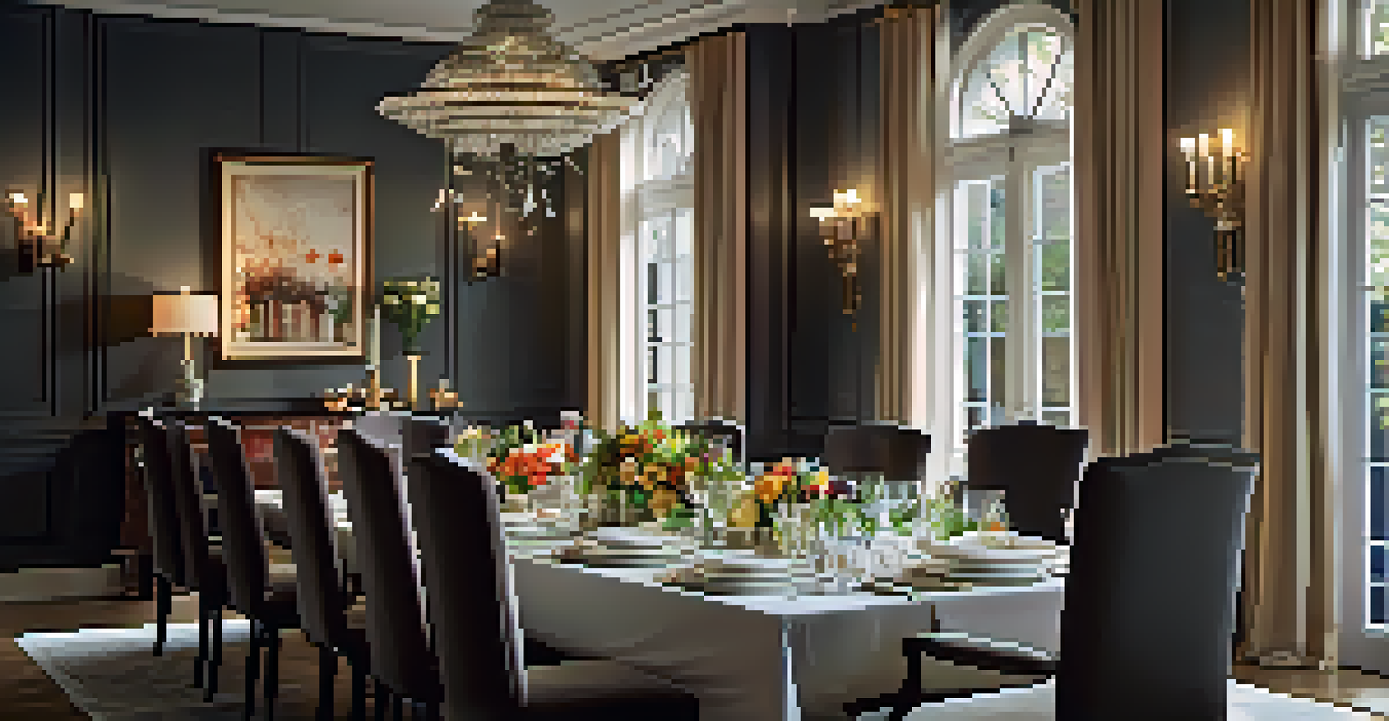 An elegant dining room with bright lighting, a beautifully set table for a dinner party, and artwork on the walls.