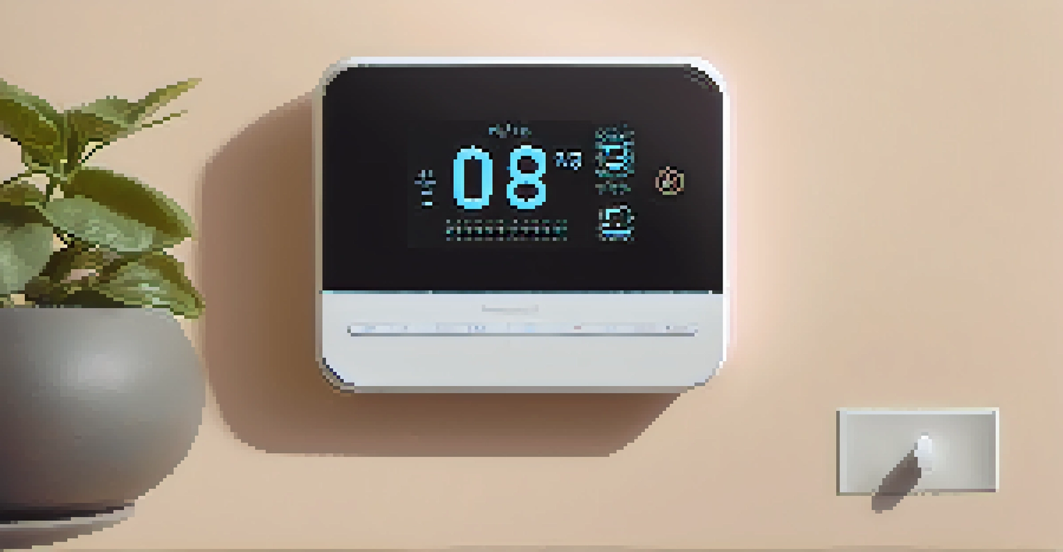 A detailed view of a smart thermostat showing energy-saving options, set against a pastel wall with a plant nearby.