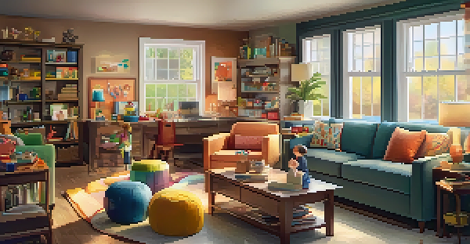 A cozy multi-generational living room with a grandparents' corner, a parents' workspace, and a children's play area, all under soft lighting.