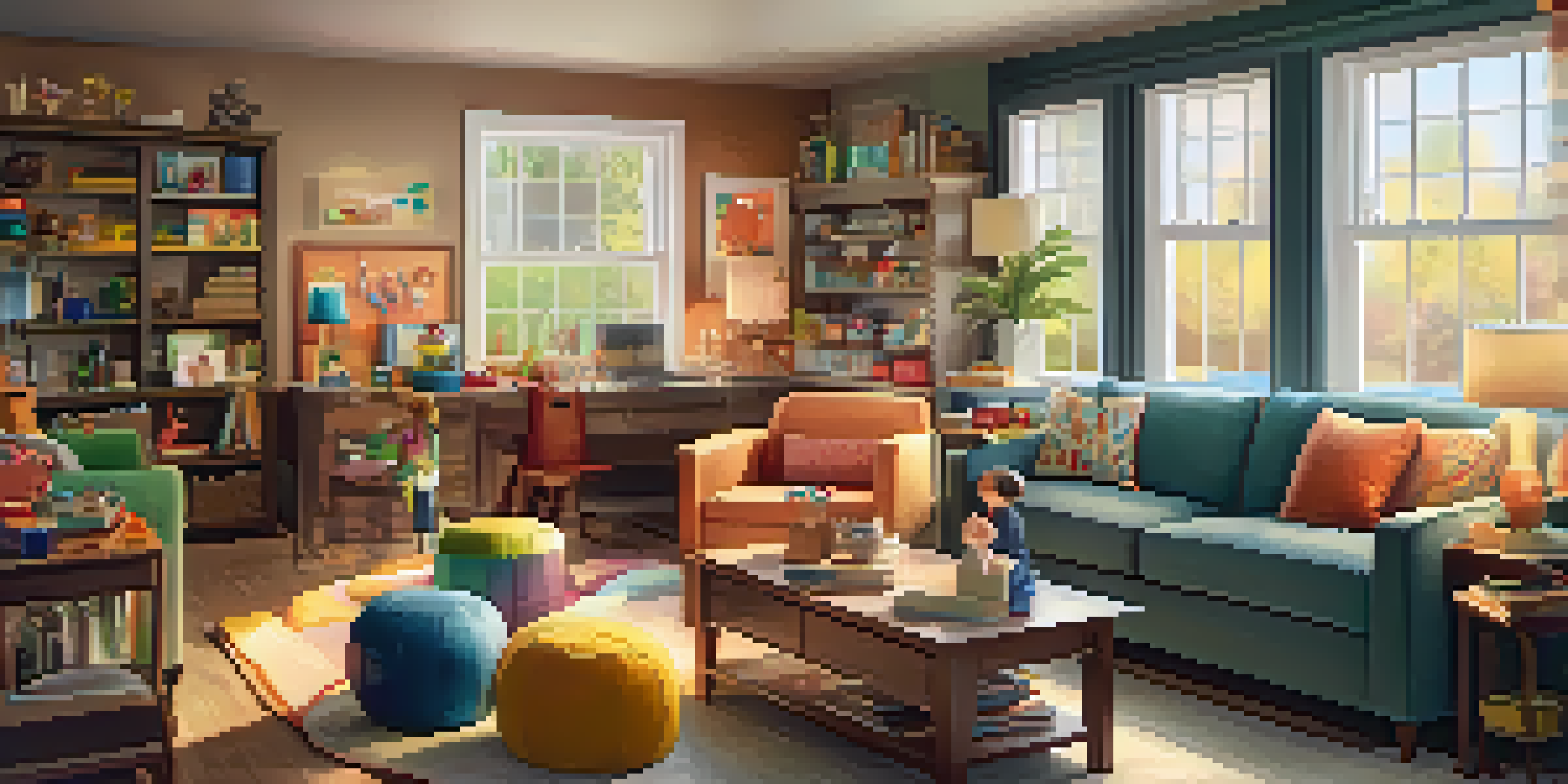 A cozy multi-generational living room with a grandparents' corner, a parents' workspace, and a children's play area, all under soft lighting.