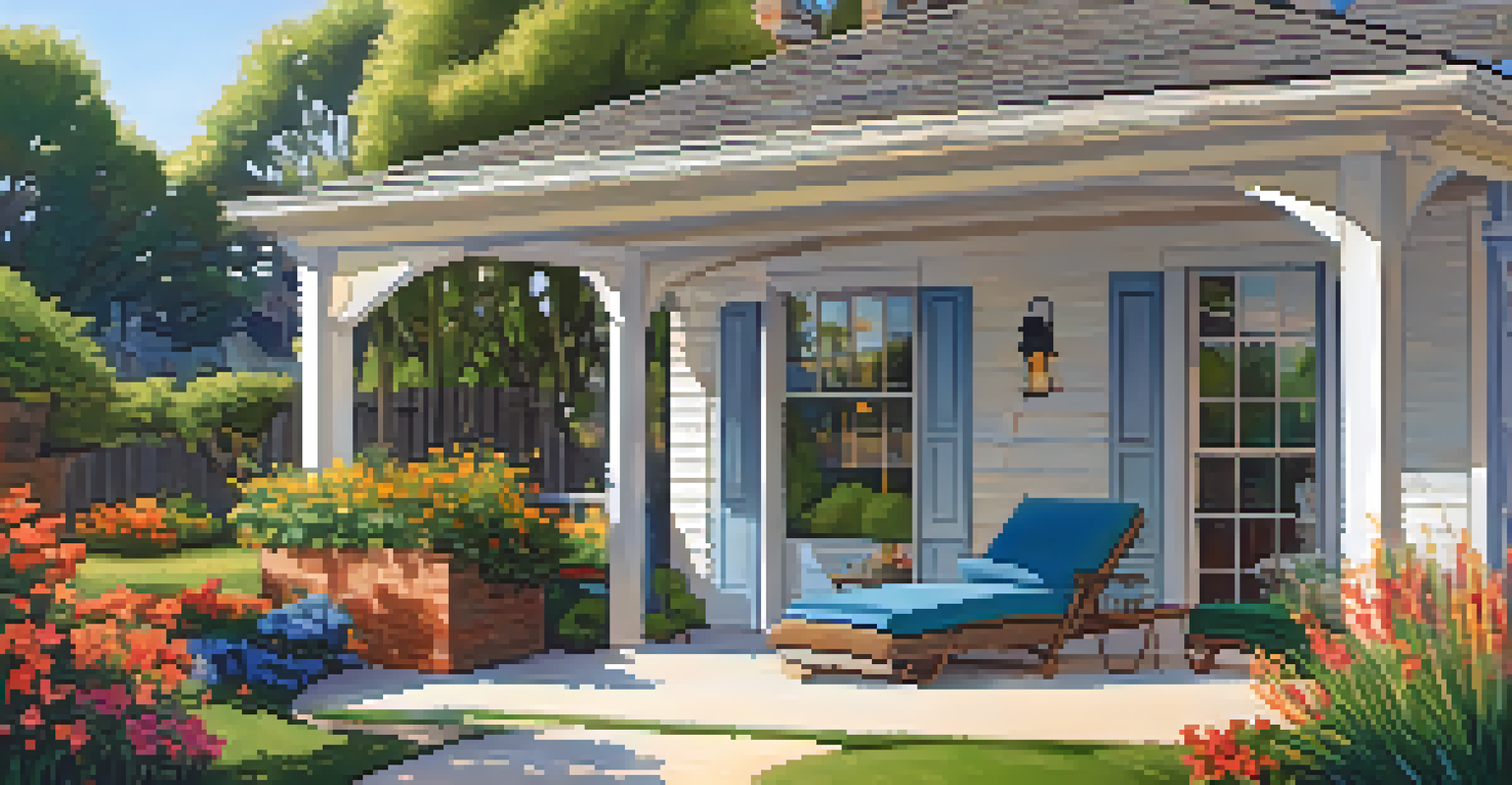 A beautifully maintained outdoor space with a lawn, low-pollen plants, and a cozy patio under a clear blue sky.