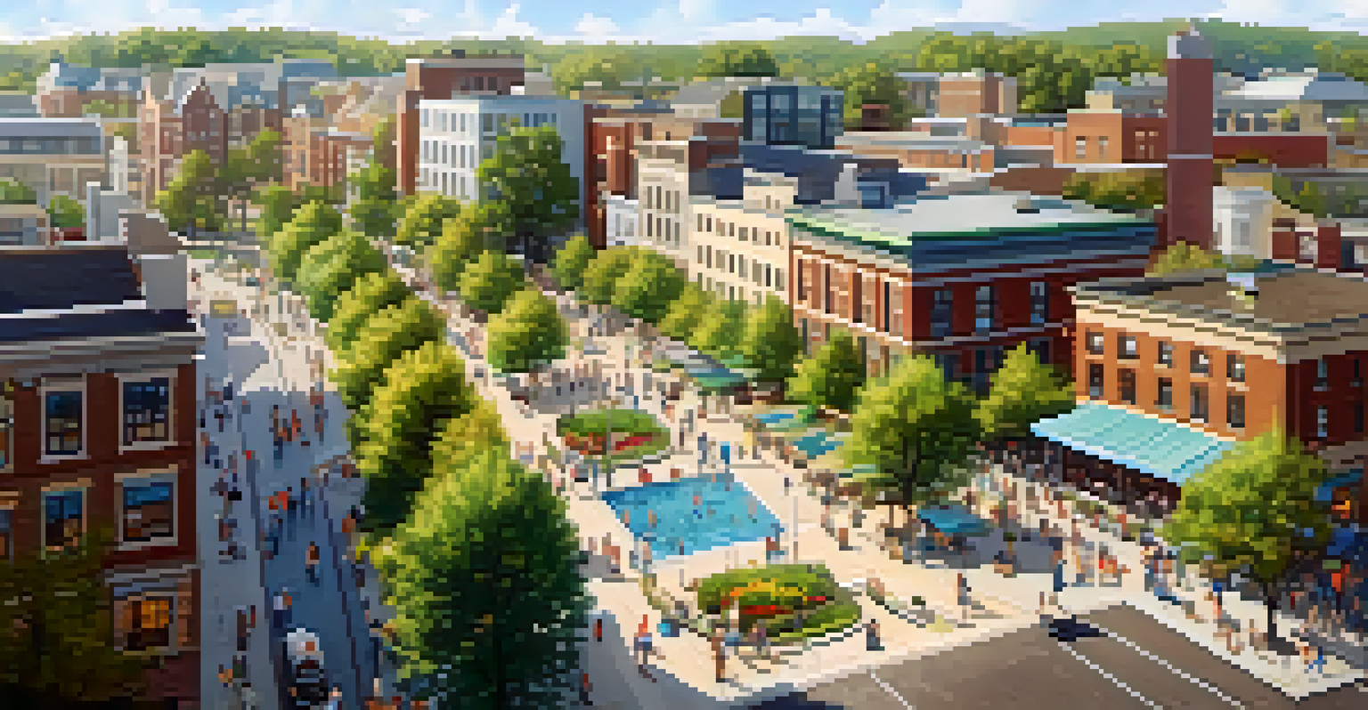 Aerial view of a lively town center with parks, modern buildings, and people enjoying outdoor activities under warm sunlight.