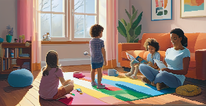 A family in a cozy living room checking smoke and carbon monoxide detectors, with natural light and safety posters in the background.