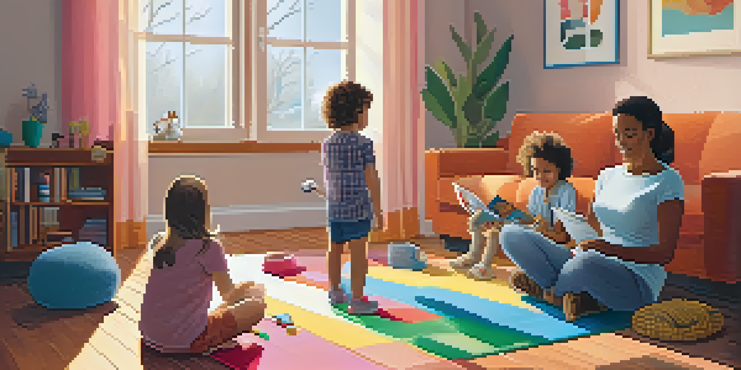 A family in a cozy living room checking smoke and carbon monoxide detectors, with natural light and safety posters in the background.