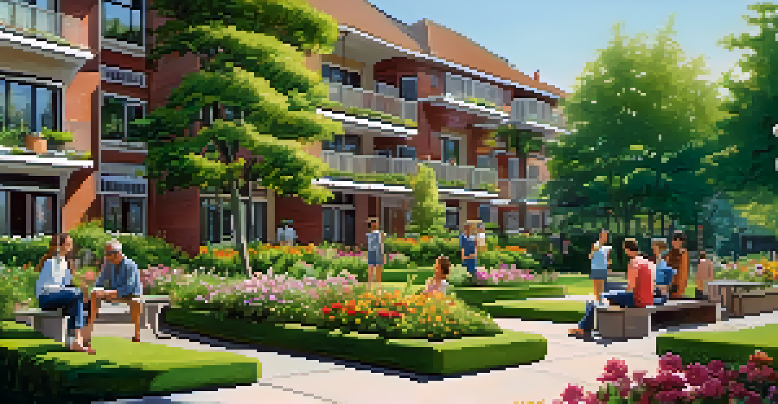 A beautiful apartment building with tenants enjoying a garden, surrounded by lush greenery and a clear blue sky.