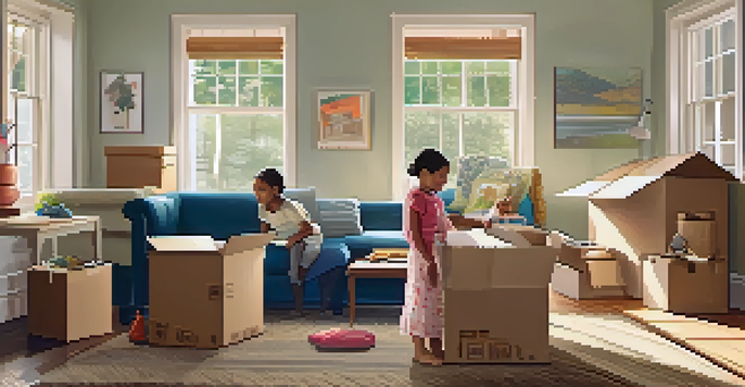A family packing boxes in a bright living room, with sunlight streaming through windows and a pet resting in the corner.