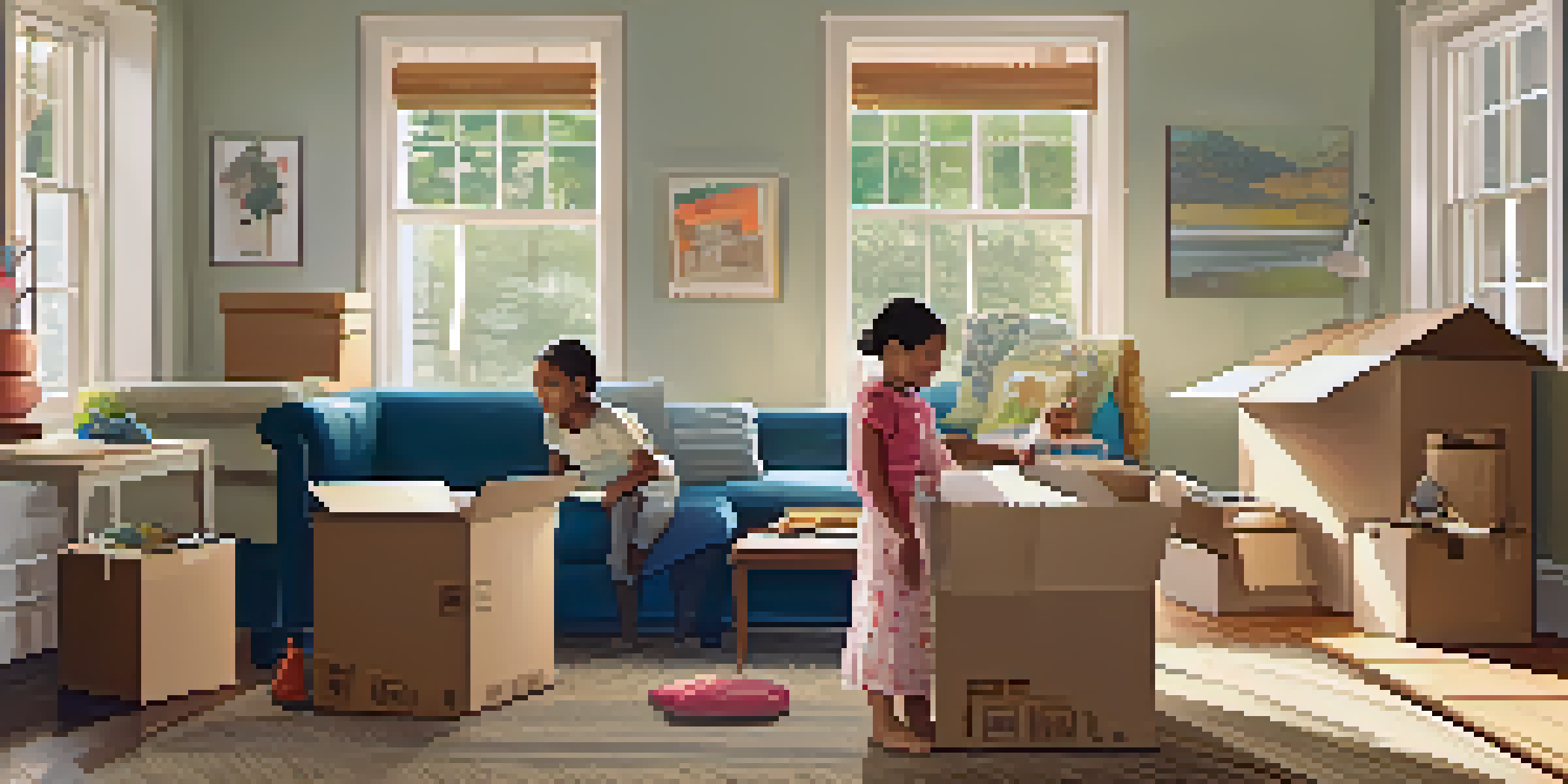 A family packing boxes in a bright living room, with sunlight streaming through windows and a pet resting in the corner.