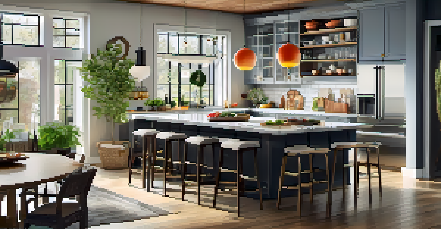 A stylish open floor plan kitchen with a bar cart and multi-purpose seating, illuminated by pendant lights and decorated with plants and kitchenware.