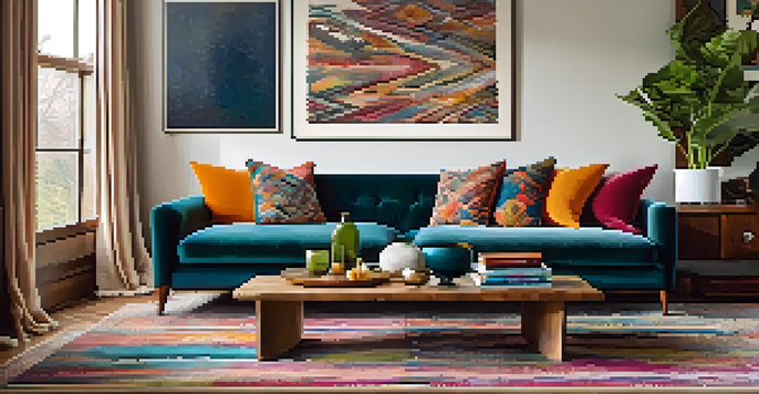 A cozy living room showcasing eclectic decor with a vintage sofa, modern art, and a wooden coffee table, illuminated by warm natural light.