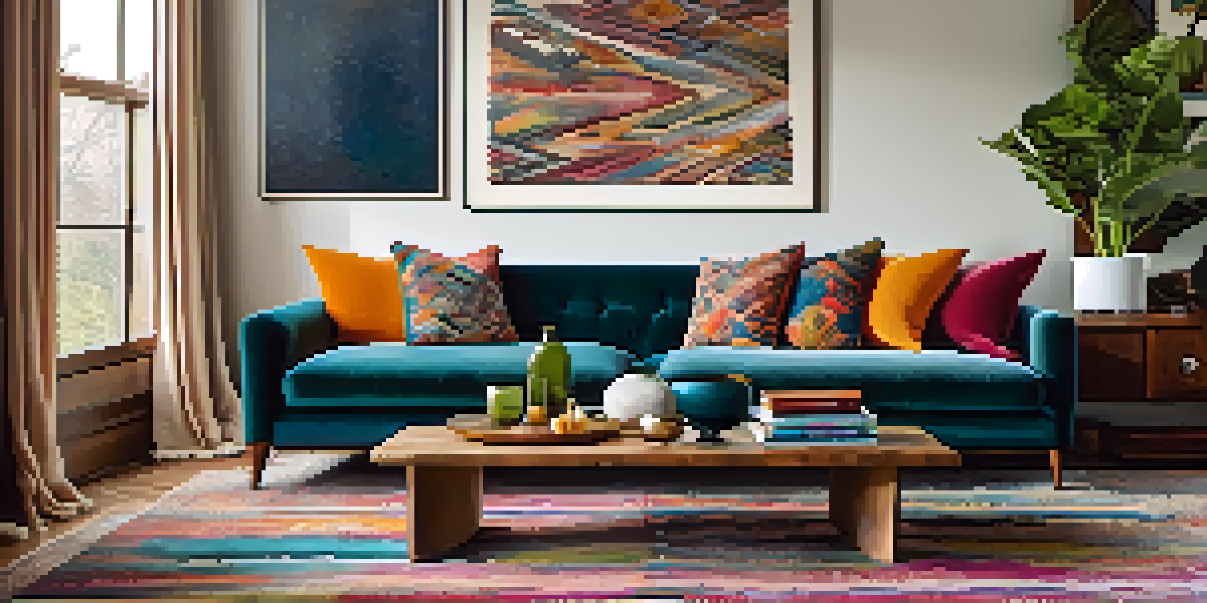 A cozy living room showcasing eclectic decor with a vintage sofa, modern art, and a wooden coffee table, illuminated by warm natural light.