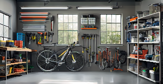 A well-organized garage with vertical storage solutions, including wall-mounted shelves and pegboards, brightly lit by natural light.