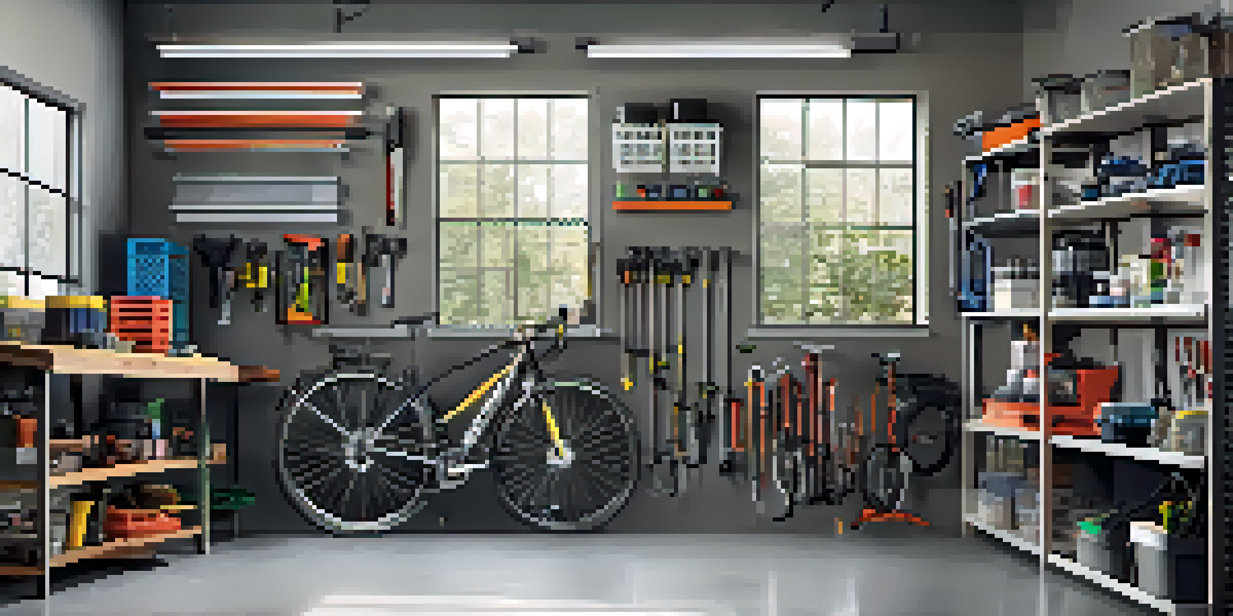 A well-organized garage with vertical storage solutions, including wall-mounted shelves and pegboards, brightly lit by natural light.