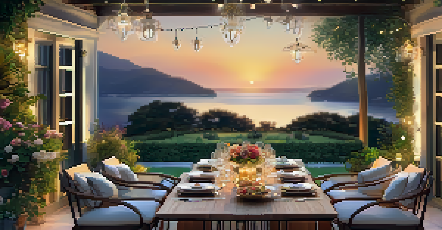 An outdoor dining area with a gourmet meal set for dinner surrounded by gardens at sunset.