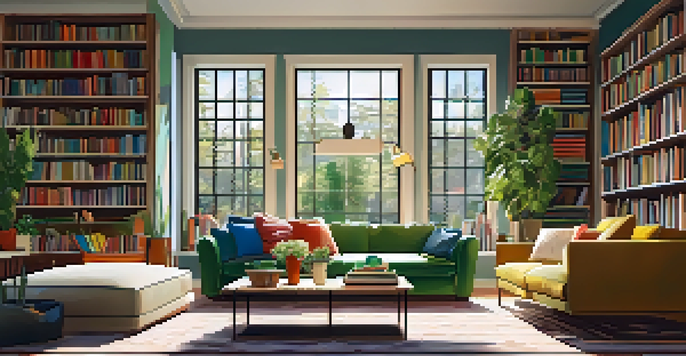 A cozy living room with tall bookshelves, colorful books, a plush sofa, and hanging plants, illuminated by natural light.