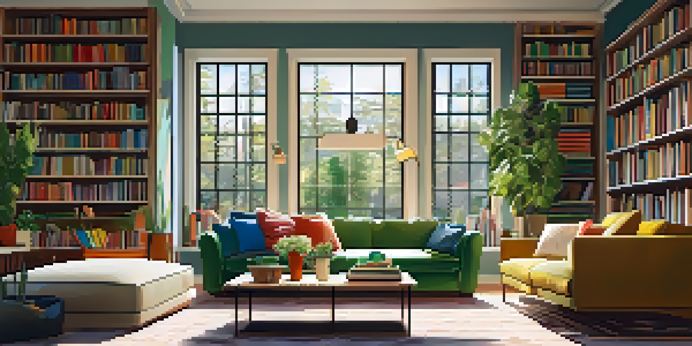 A cozy living room with tall bookshelves, colorful books, a plush sofa, and hanging plants, illuminated by natural light.