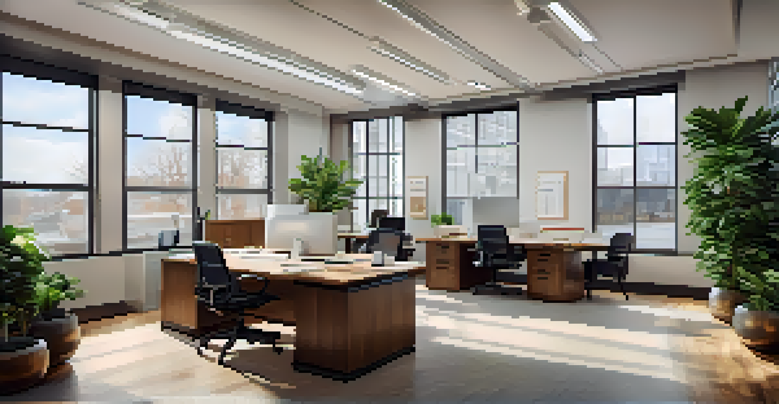 A modern office interior designed for tax consultations, featuring a large table with laptops and documents, filled with natural light.