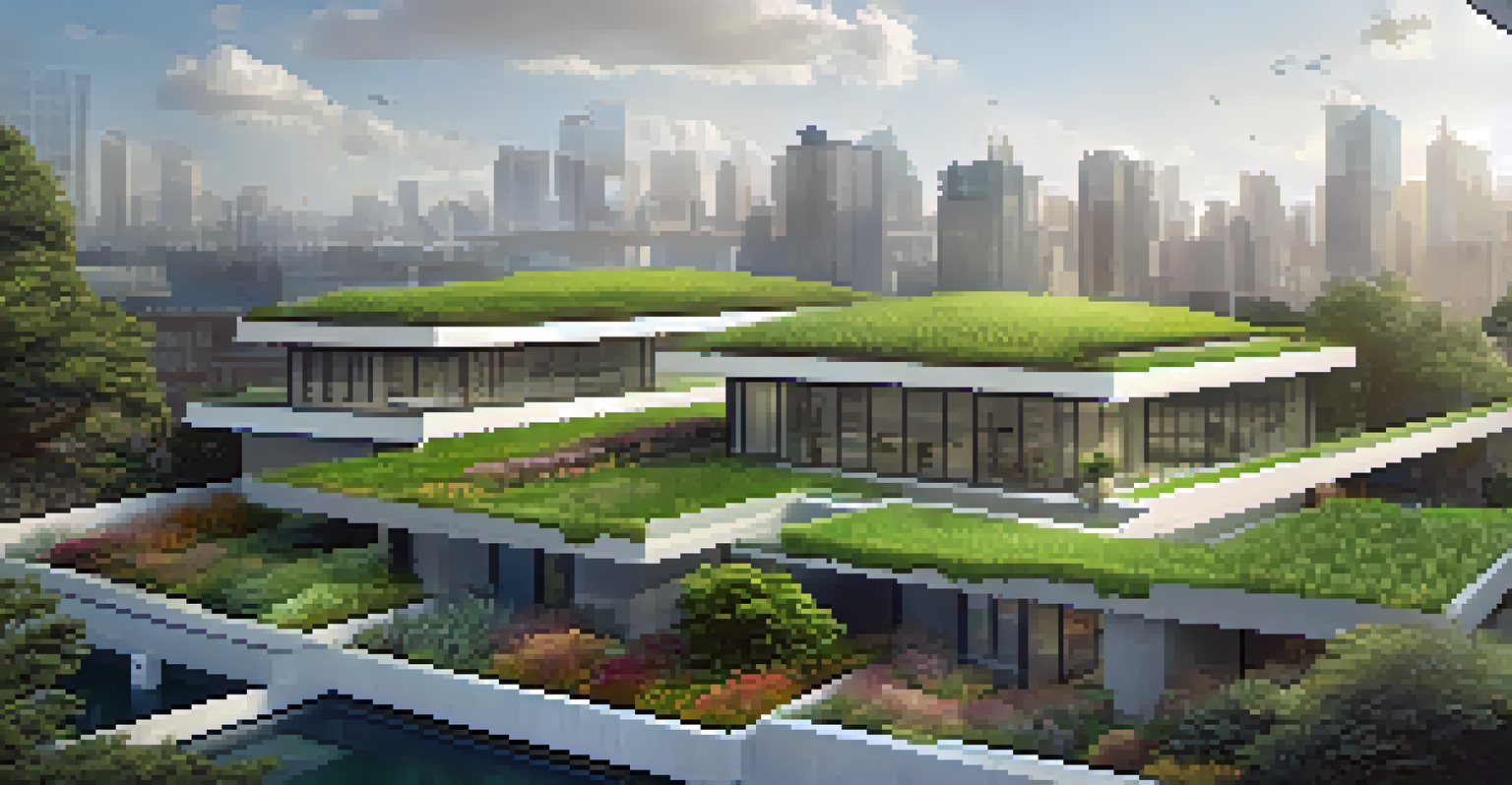 A close-up of a green roof garden on a modern building, showcasing various plants and shrubs with sunlight filtering through.