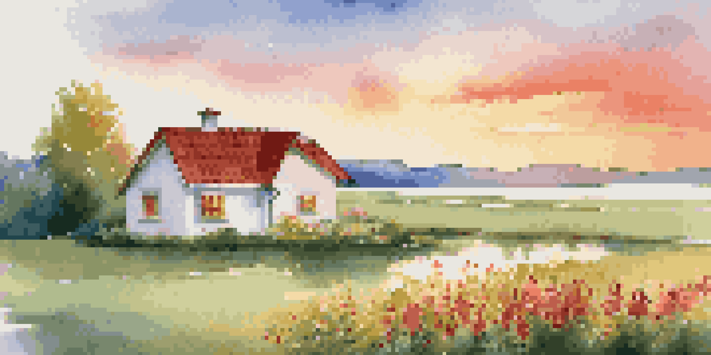 A tranquil sunset landscape featuring a small house, green fields, and a reflective lake.
