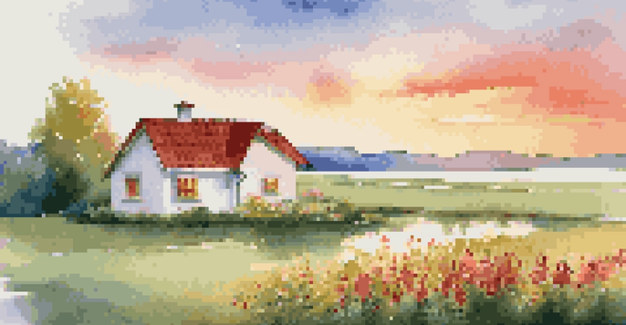A tranquil sunset landscape featuring a small house, green fields, and a reflective lake.
