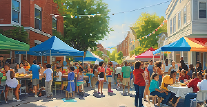 A lively neighborhood block party with residents enjoying food and games under colorful banners, children playing, and adults conversing in warm afternoon sunlight.