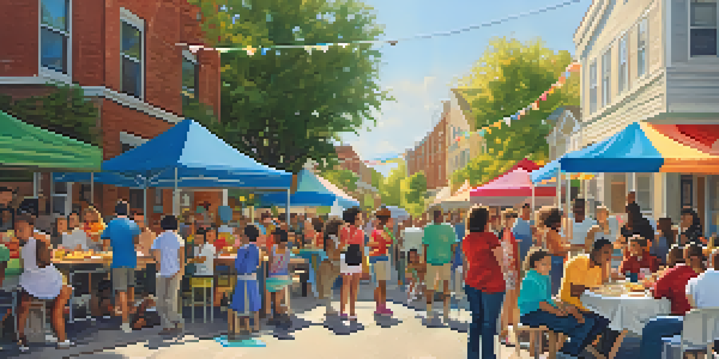 A lively neighborhood block party with residents enjoying food and games under colorful banners, children playing, and adults conversing in warm afternoon sunlight.