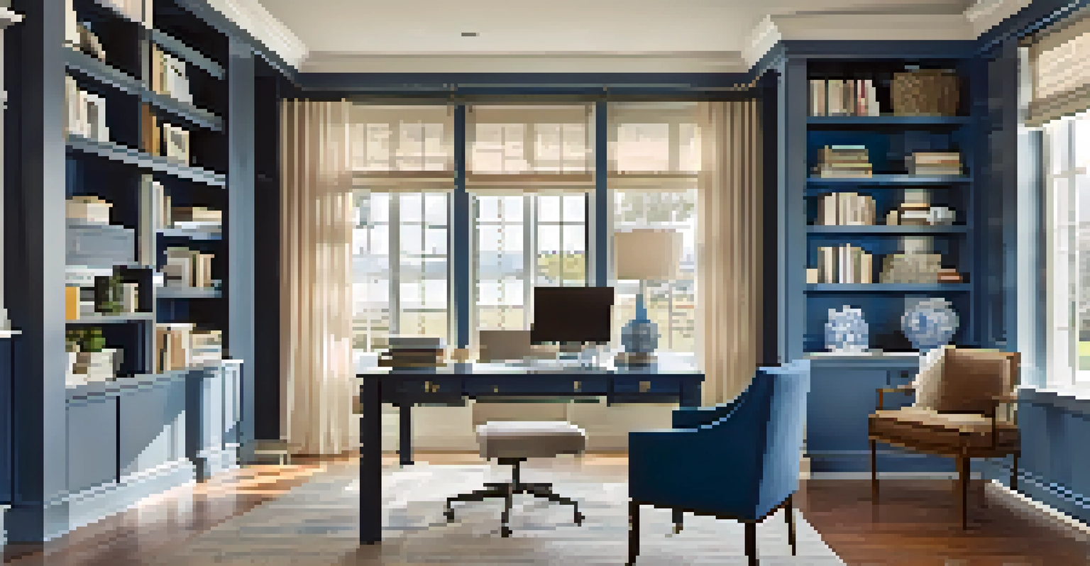 A stylish home office with built-in shelves, a desk, and natural light, designed for productivity.