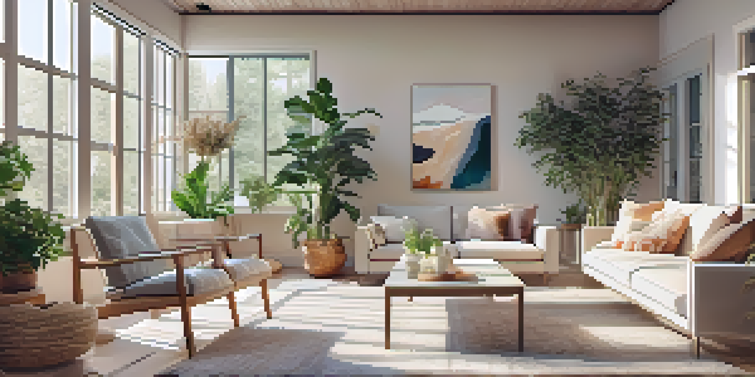 A serene living room with large windows allowing natural light, decorated with plants and light-colored furniture.