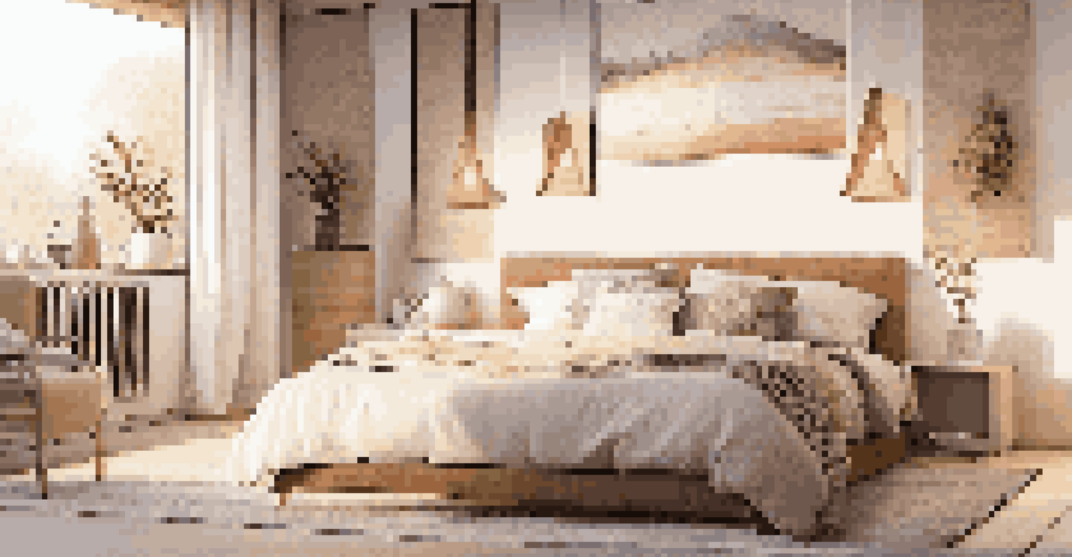 A serene bedroom with a minimalist bed layered with soft linens, a plush throw, and patterned cushions, enhanced by a textured wall hanging and warm ambient lighting.