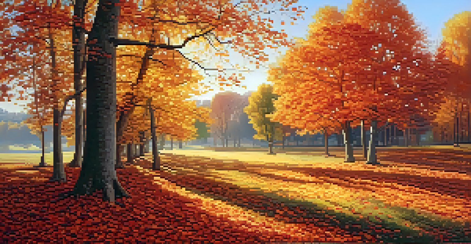 A picturesque autumn landscape with trees displaying vibrant orange, red, and yellow leaves illuminated by soft golden sunlight.