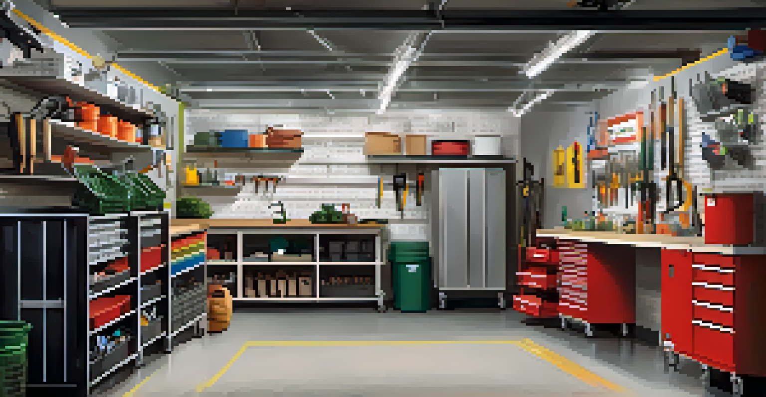 An organized garage interior with designated zones for gardening tools, sports equipment, and automotive supplies, all well-lit.