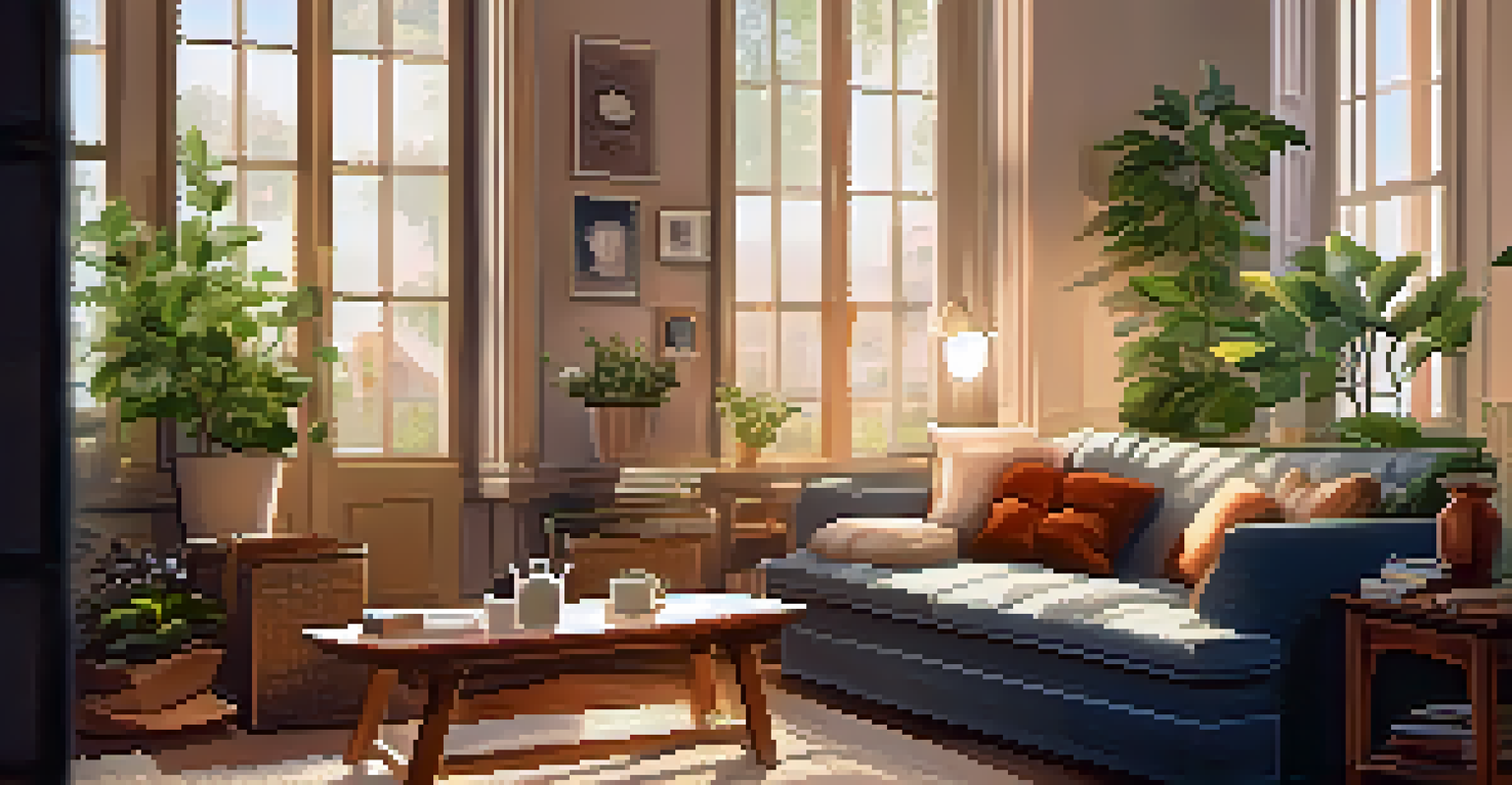 A cozy living room with a comfortable sofa, coffee table with books and tea, and soft lighting, creating a welcoming atmosphere.