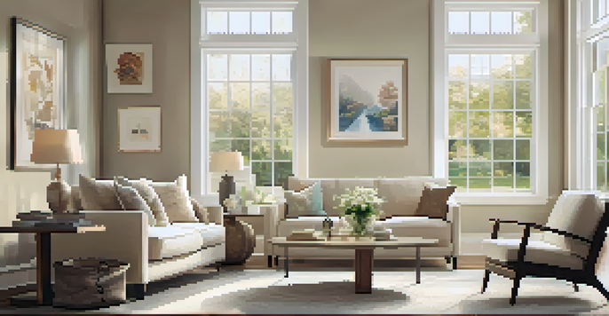 A warm and inviting living room with natural light, neutral furnishings, and family photos on the walls.