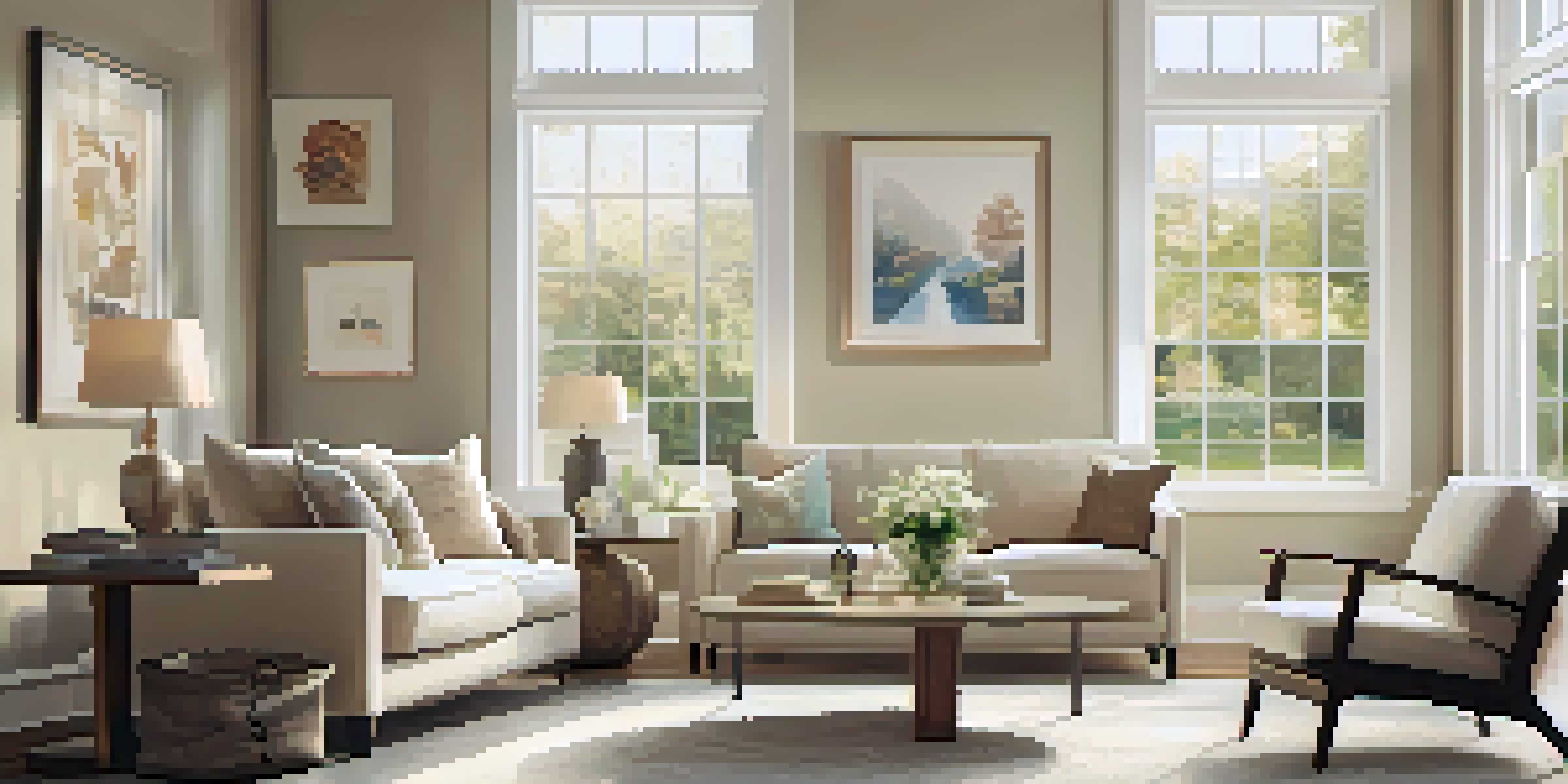 A warm and inviting living room with natural light, neutral furnishings, and family photos on the walls.