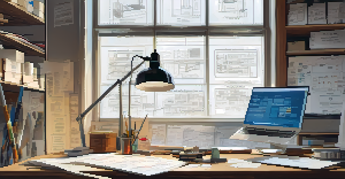 A contractor's desk with blueprints, notes, and a laptop in a well-lit workspace.