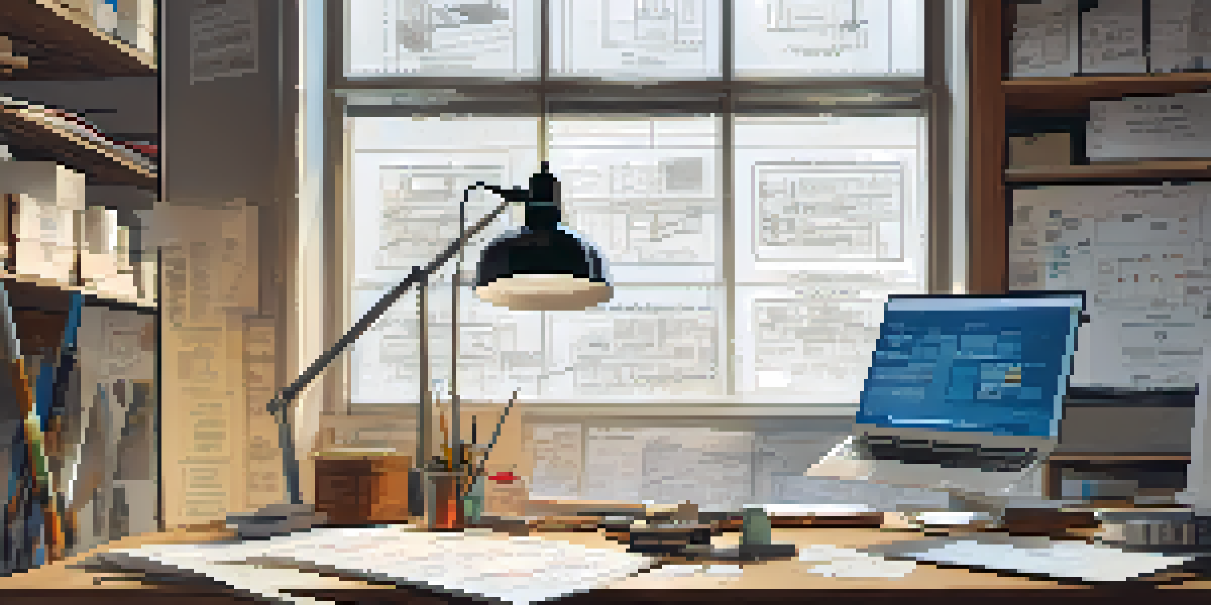 A contractor's desk with blueprints, notes, and a laptop in a well-lit workspace.