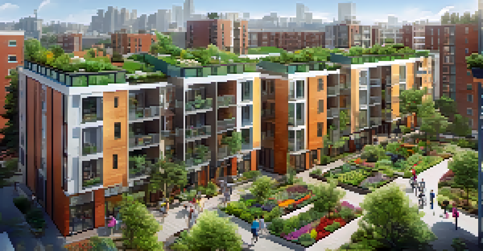 A modern mixed-use development with residential buildings, green spaces, and a community garden, emphasizing urban-nature integration.