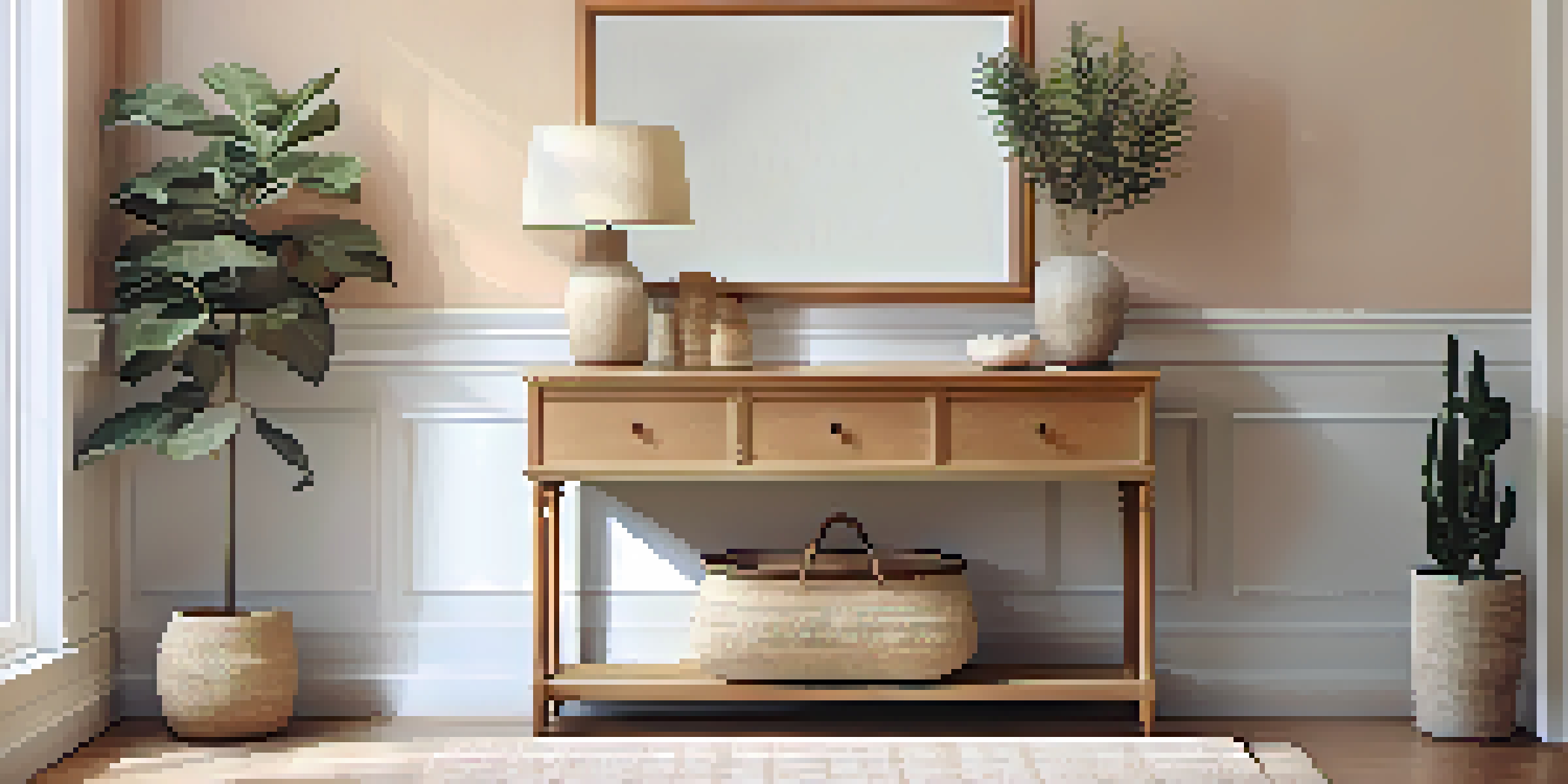 A beautifully designed entryway with light wood furniture, pastel-colored walls, a large mirror, and warm lighting.