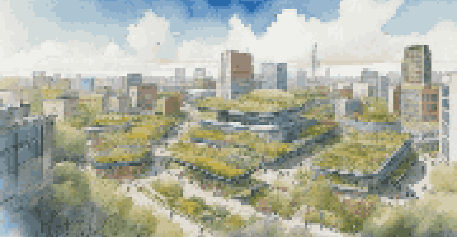 Aerial view of a bustling city with green roofs and parks, illustrating the integration of nature into urban architecture.