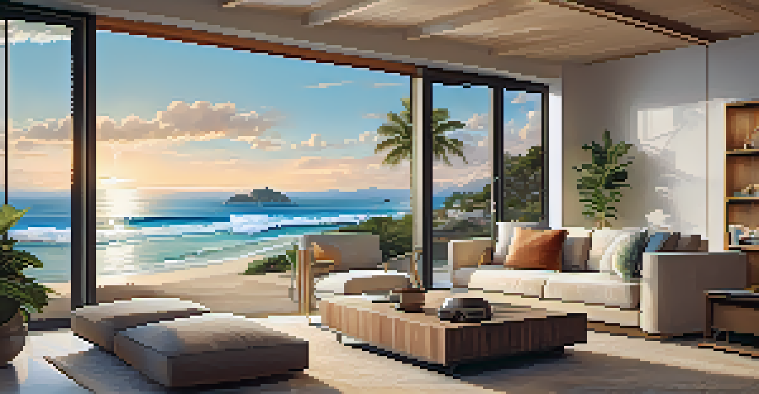 A buyer using a VR headset in a cozy living room to explore a beachfront property.