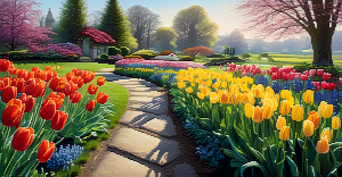 A colorful spring garden featuring blooming tulips, daffodils, and hyacinths under soft morning sunlight.