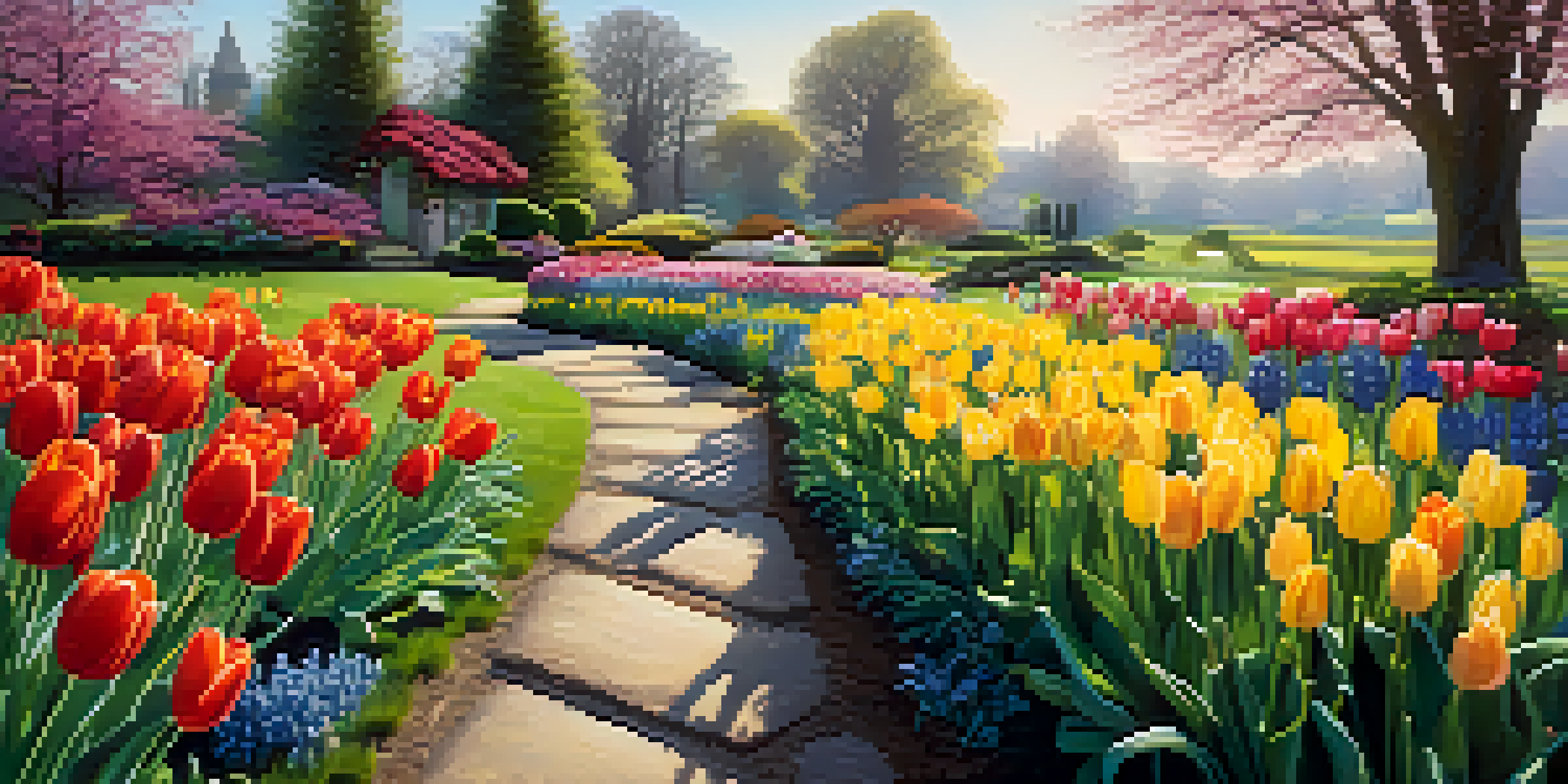 A colorful spring garden featuring blooming tulips, daffodils, and hyacinths under soft morning sunlight.