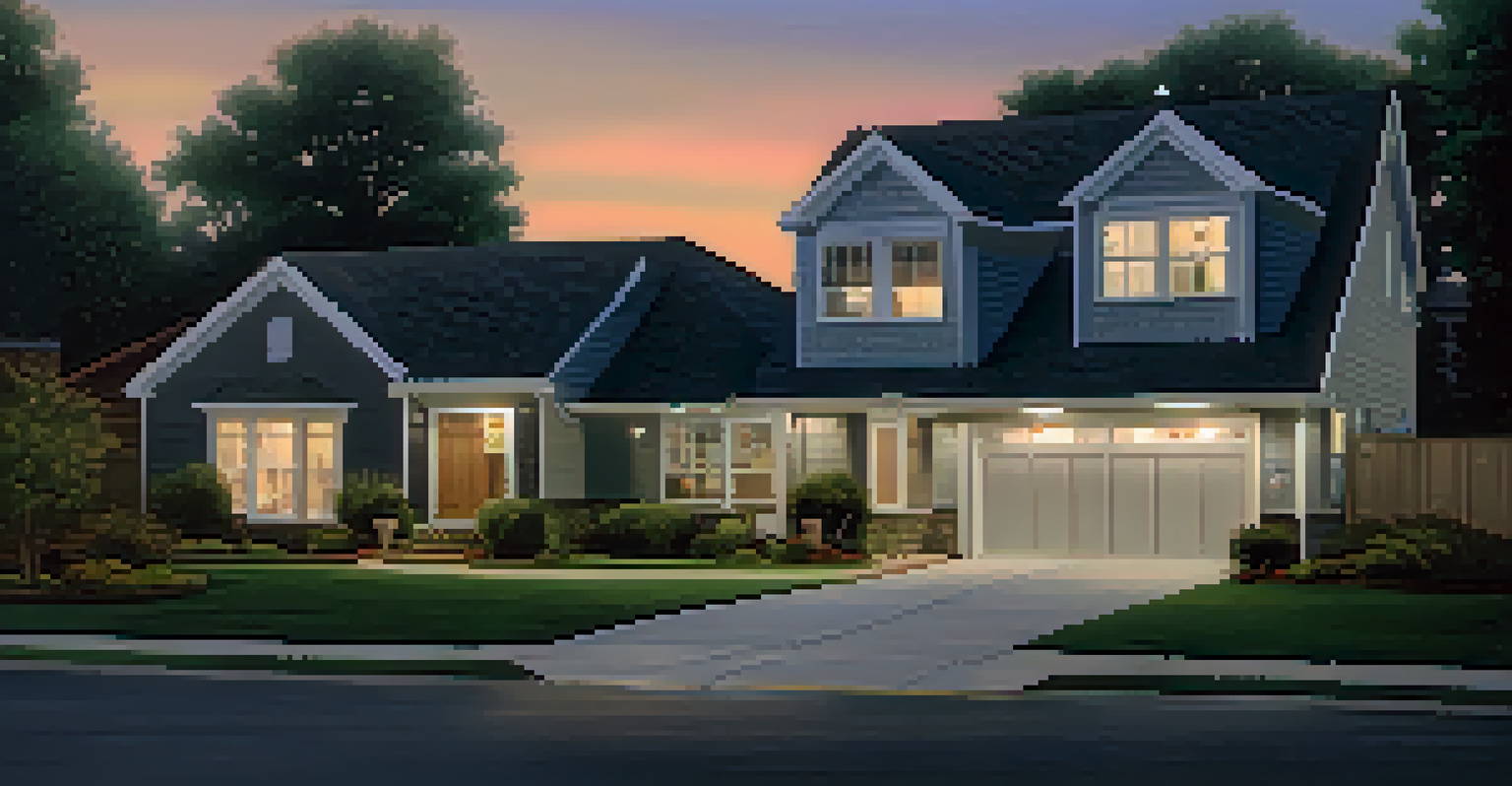 A suburban home featuring smart security devices like cameras and smart lights at twilight.