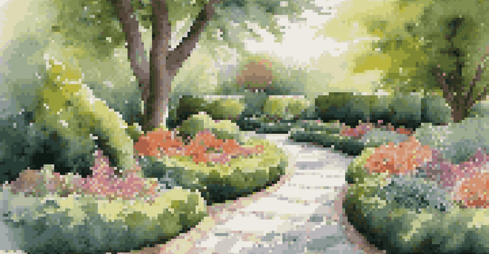 A peaceful garden pathway lined with colorful flowers and green shrubs, with sunlight shining through the trees.
