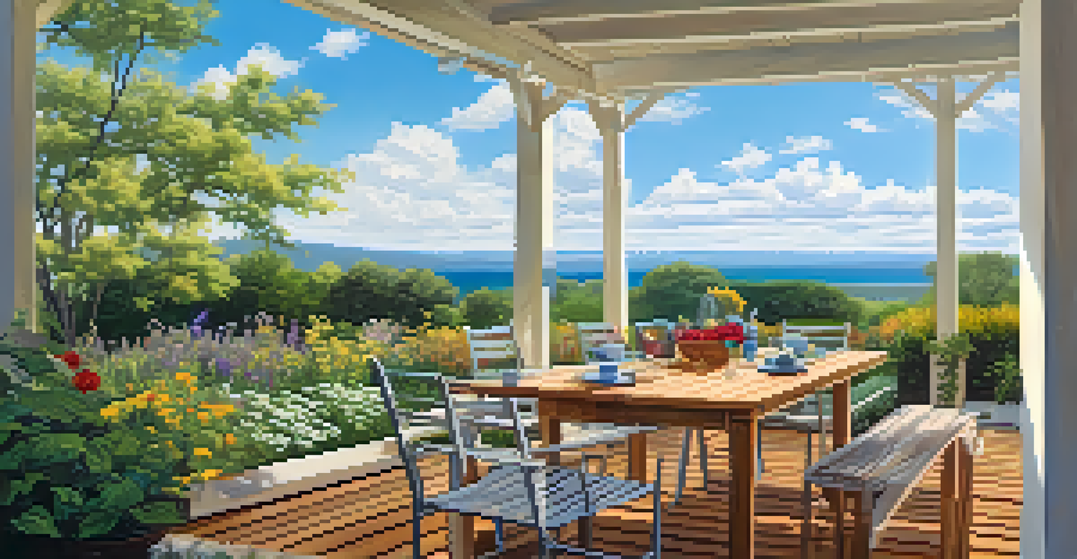 A sunny backyard with a wooden deck and dining table surrounded by native plants and flowers.