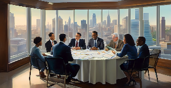 A diverse group of investors discussing real estate syndication at a table with charts and a city skyline in the background.
