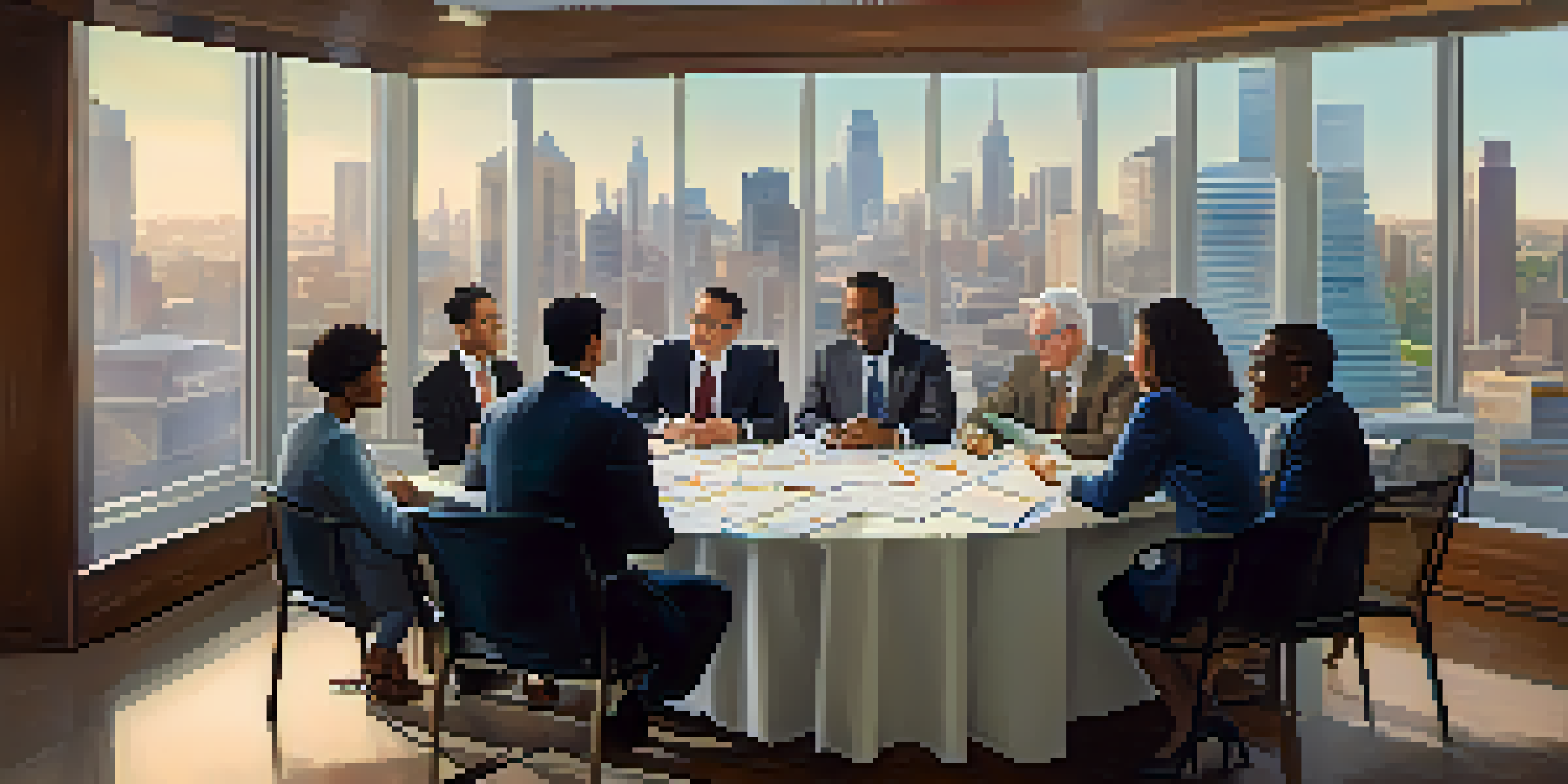 A diverse group of investors discussing real estate syndication at a table with charts and a city skyline in the background.