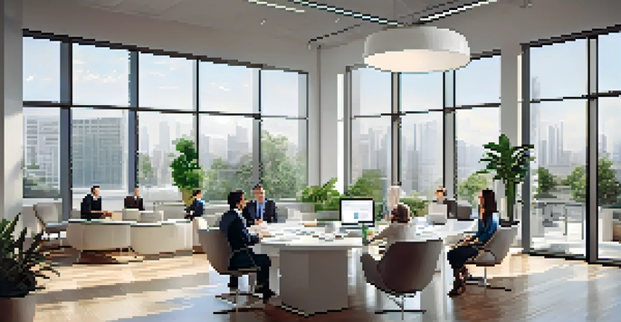 A diverse group of real estate investors discussing around a large table in a modern office space filled with natural light.