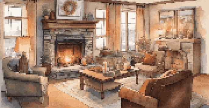 A warm living room with a fireplace, decorated for winter, and snow falling outside the window.